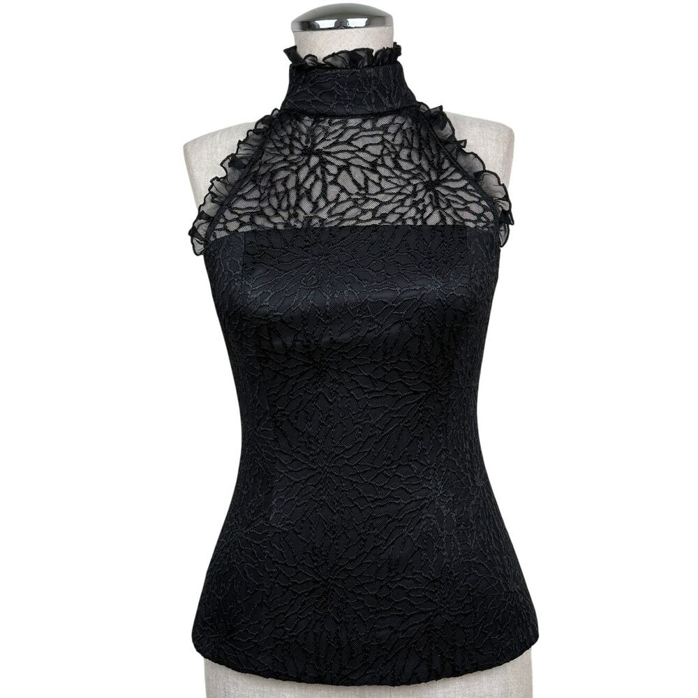 Jay Godfrey Black Lace High Neck Top Sleeveless Sheer Floral Romantic WhimsyGoth